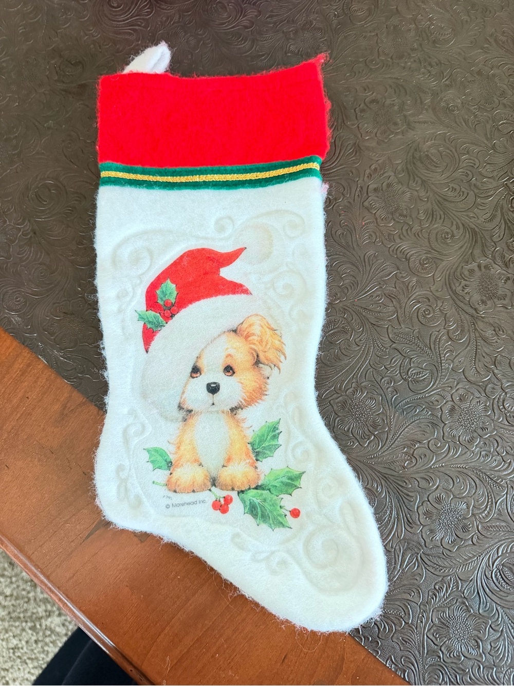Vintage 80s Cute Puppy Christmas Stocking - Red & White